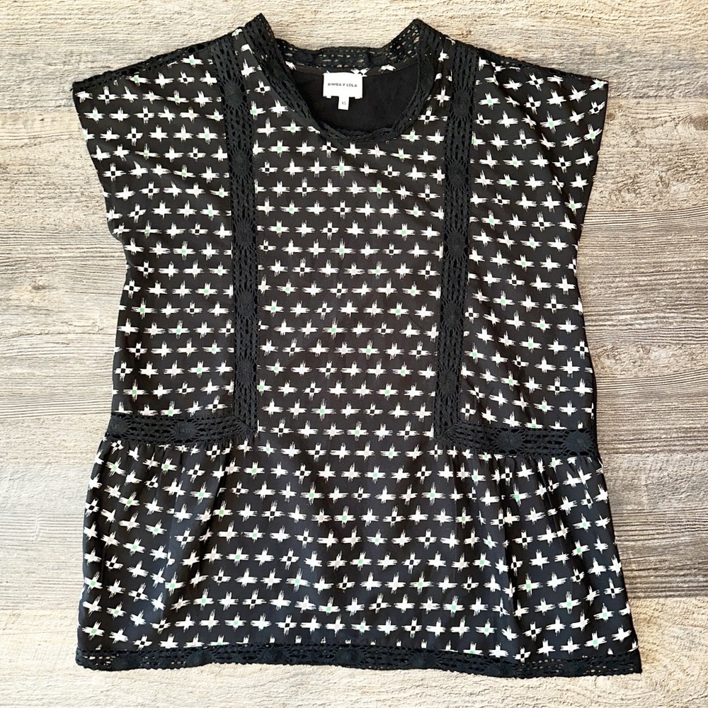 BIMBA Y LOLA black and white printed lace trim short sleeve top XS